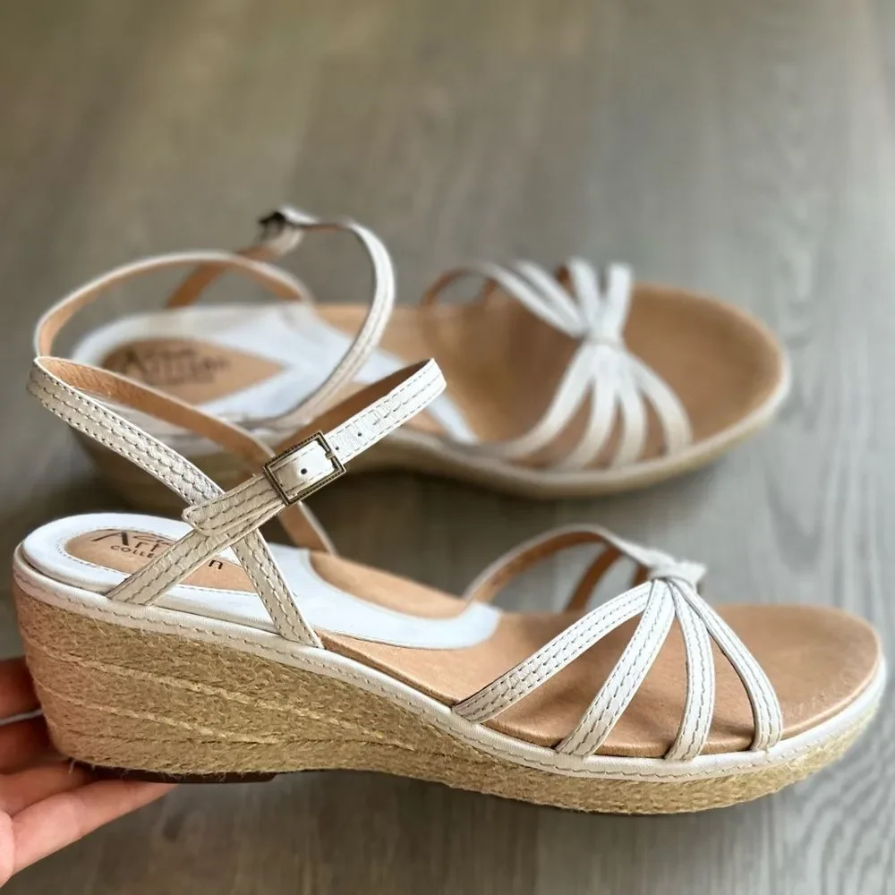 Clarks Artisan White Leather Espadrille Wedge Sandals Ankle Strap Size 10